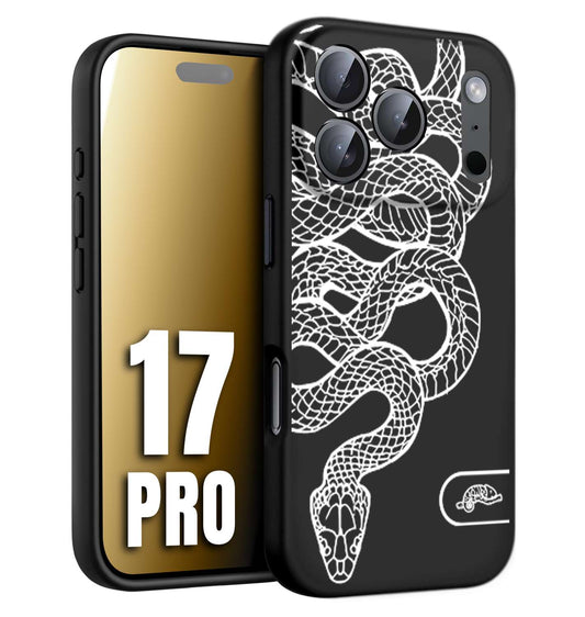CUSTOMIZZA - Custodia cover nera morbida in tpu compatibile per iPhone 17 PRO serpente snake bianco a rilievo disegnato tattoo tatuaggio