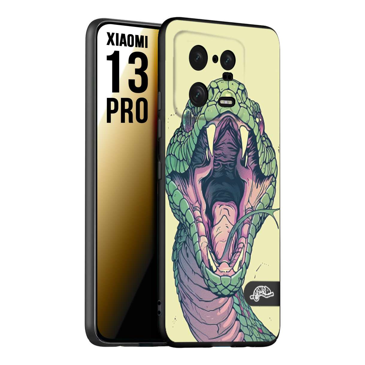 CUSTOMIZZA - Custodia cover nera morbida in tpu compatibile per Xiaomi 13 PRO snake yellow green serpente tatuaggio tattoo disegnato a mano