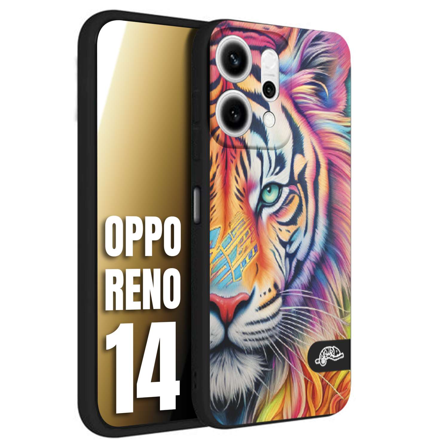 CUSTOMIZZA - Custodia cover nera morbida in tpu compatibile per Oppo Reno 14 animali color tigre tiger viso colori vibranti disegnato schizzo