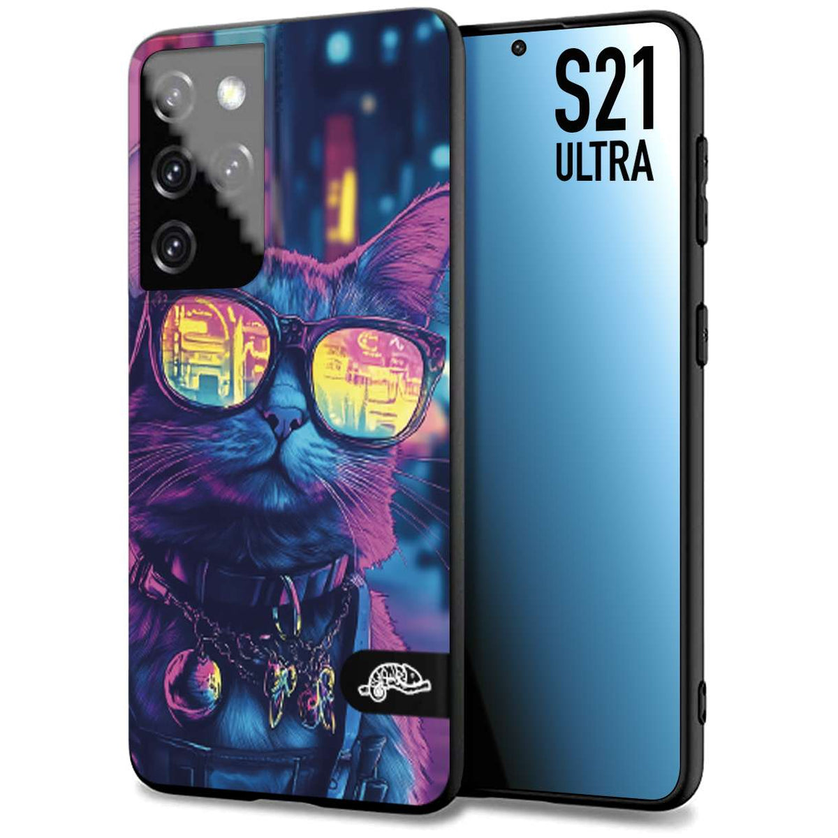 CUSTOMIZZA - Custodia cover nera morbida in tpu compatibile per Samsung S21 ULTRA animali cyberpunk gatto street cat fucsia blu giallo