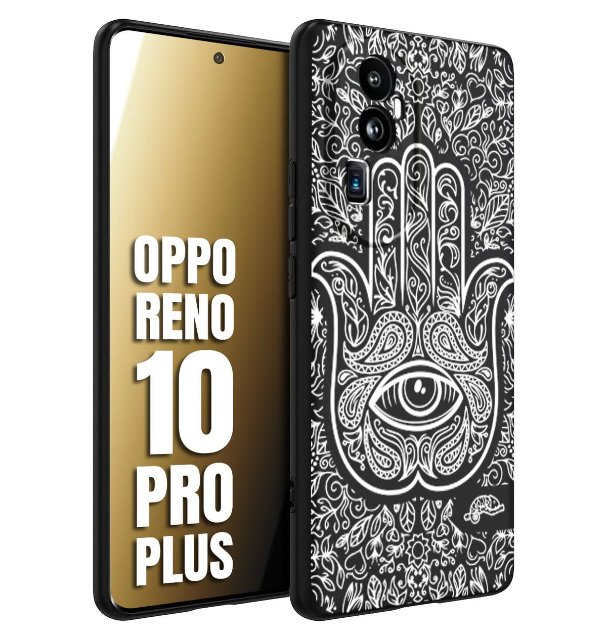 CUSTOMIZZA - Custodia cover nera morbida in tpu compatibile per Oppo Reno 10 PRO PLUS mano di fatima effetto rilievo mandala donna