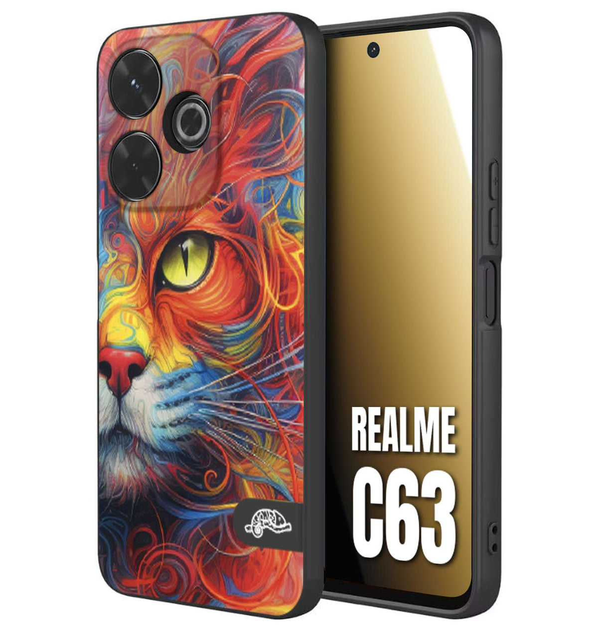 CUSTOMIZZA - Custodia cover nera morbida in tpu compatibile per Realme C63 animali color cat gatto viso colori vibranti disegnato schizzo