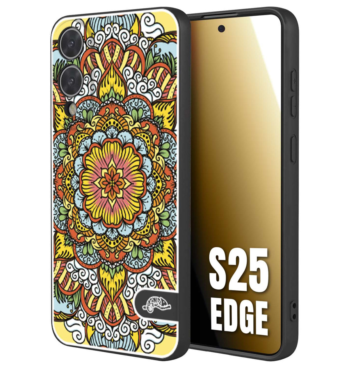 CUSTOMIZZA - Custodia cover nera morbida in tpu compatibile per Samsung S25 EDGE mandala colorato fiore nuvole arancione