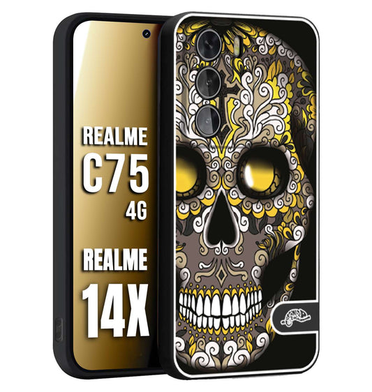 CUSTOMIZZA - Custodia cover nera morbida in tpu compatibile per Realme 14X - C75 4G teschio messicano Mexican skull nero giallo