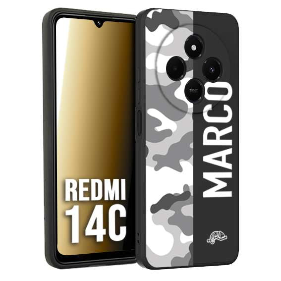 CUSTOMIZZA - Custodia cover nera morbida in tpu compatibile per Xiaomi Redmi 14C camouflage mimetico militare personalizzata nome bianco