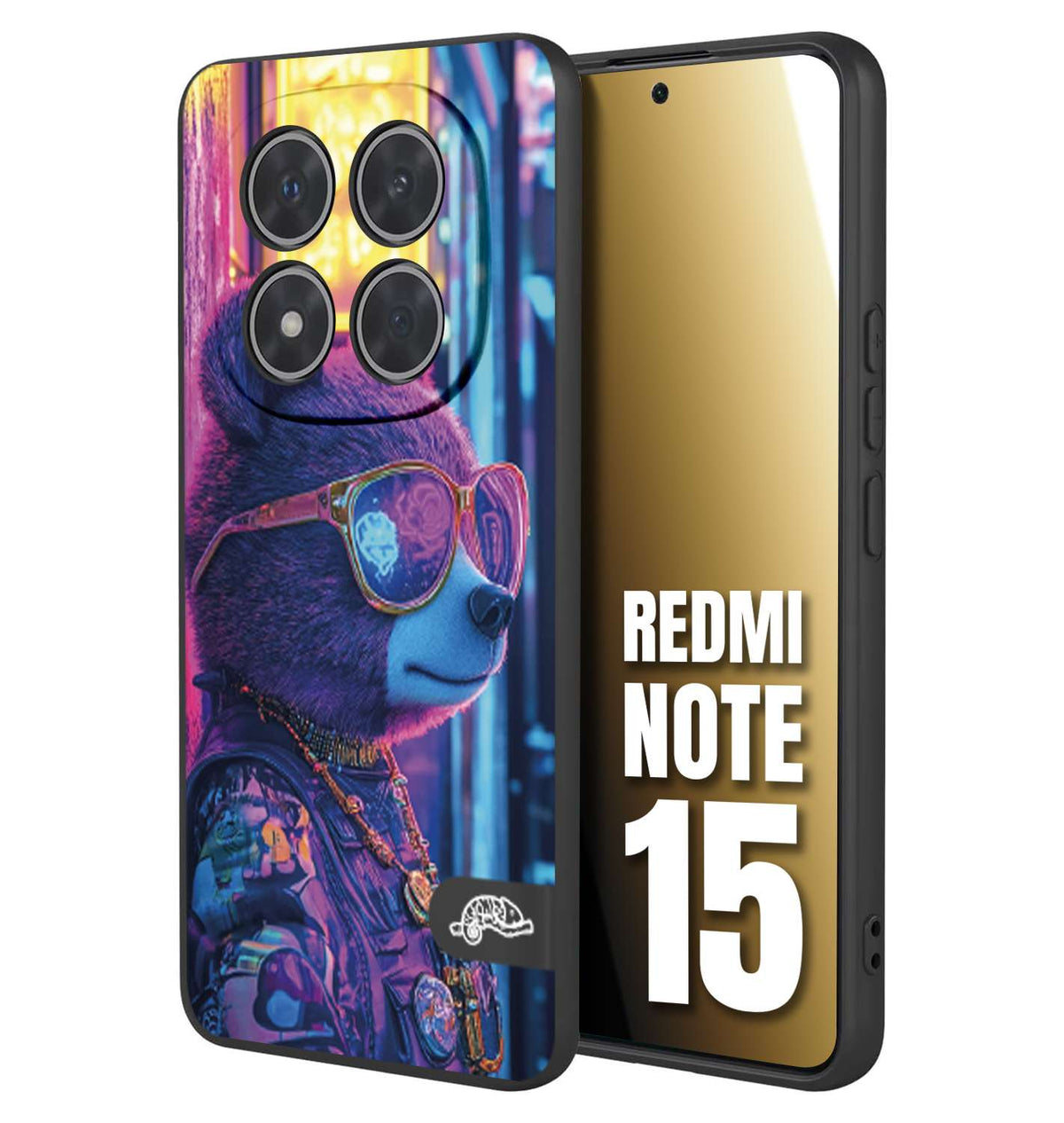 CUSTOMIZZA - Custodia cover nera morbida in tpu compatibile per Xiaomi Redmi Note 15 animali cyberpunk orsetto orso street bear fucsia blu night