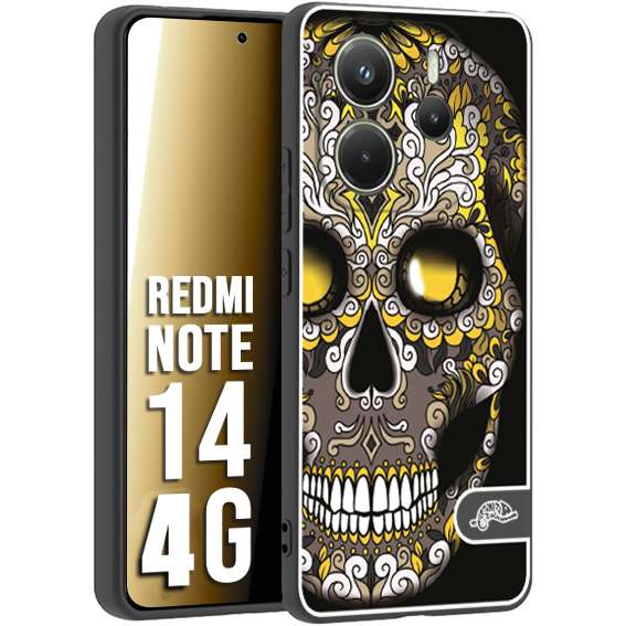 CUSTOMIZZA - Custodia cover nera morbida in tpu compatibile per Xiaomi Redmi Note 14 4G teschio messicano Mexican skull nero giallo