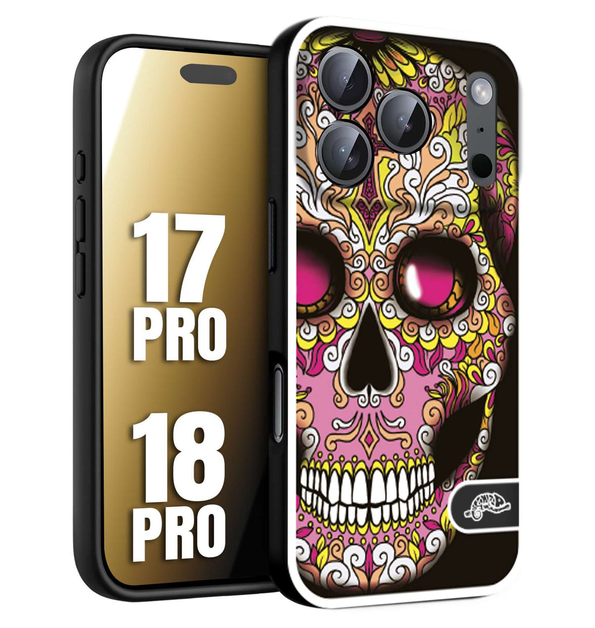 CUSTOMIZZA - Custodia cover nera morbida in tpu compatibile per iPhone 17 PRO - 18 PRO teschio messicano Mexican skull rosa gialla