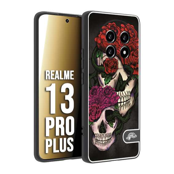 CUSTOMIZZA - Custodia cover nera morbida in tpu compatibile per Realme 13 PRO PLUS teschi e rose rosse fucsia skull and roses