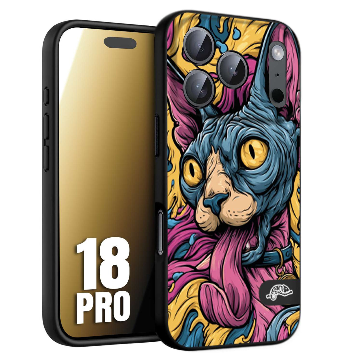 CUSTOMIZZA - Custodia cover nera morbida in tpu compatibile per iPhone 18 PRO Sphynx Colorato Pop Art Psichedelico Gatto Blu Rosa Giallo Artistica Fantasy