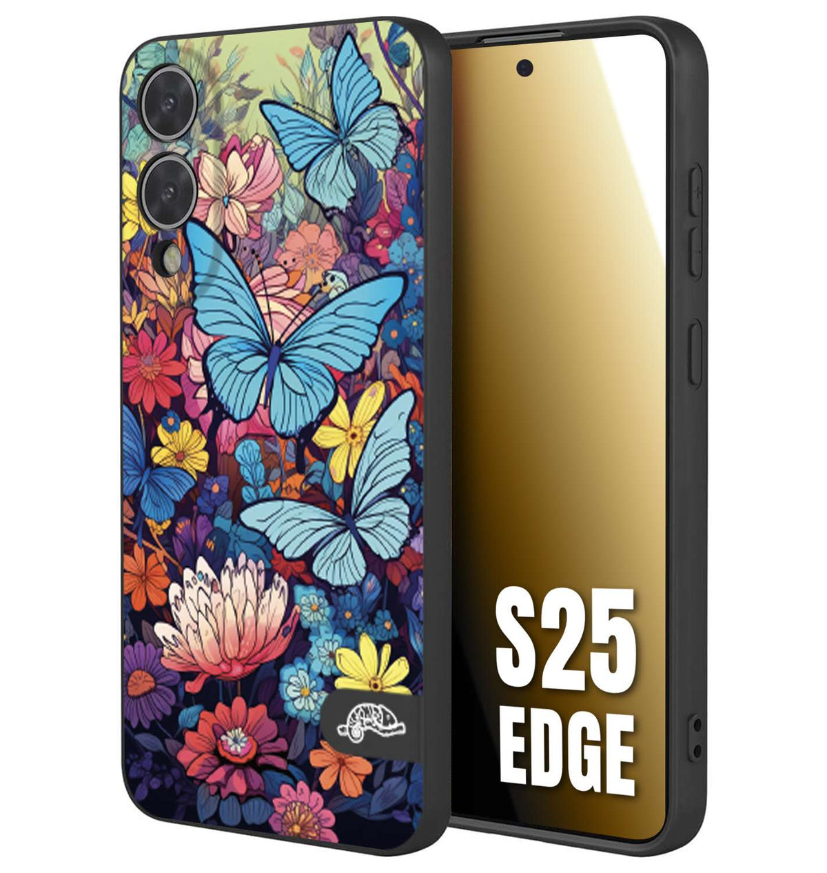CUSTOMIZZA - Custodia cover nera morbida in tpu compatibile per Samsung S25 EDGE farfalle butterfly moderno donna disegnate gialla blu rosa