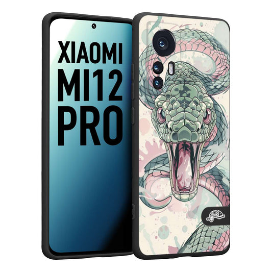 CUSTOMIZZA - Custodia cover nera morbida in tpu compatibile per Xiaomi 12 PRO snake pink green serpente tatuaggio tattoo disegnato a mano