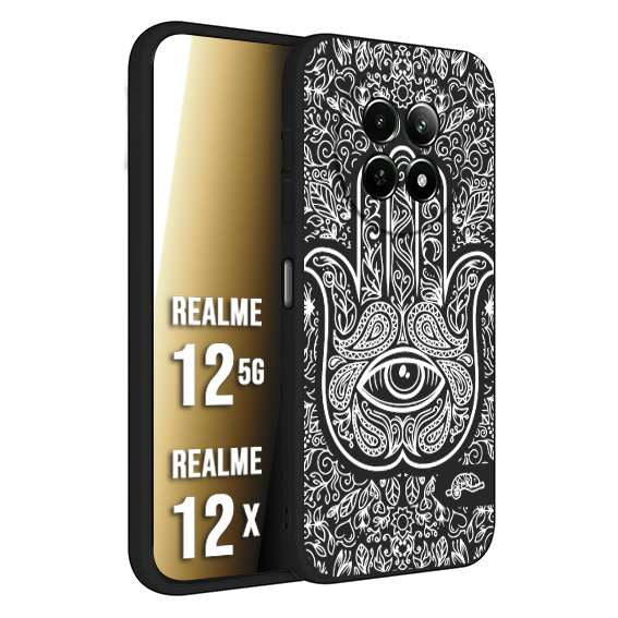 CUSTOMIZZA - Custodia cover nera morbida in tpu compatibile per Realme 12 5G - 12X mano di fatima effetto rilievo mandala donna