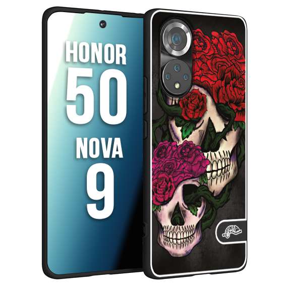 CUSTOMIZZA - Custodia cover nera morbida in tpu compatibile per Huawei Nova 9 - Honor 50 teschi e rose rosse fucsia skull and roses