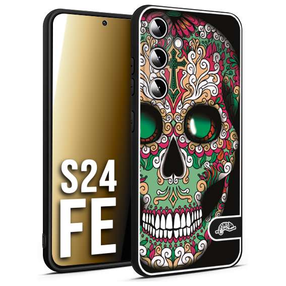 CUSTOMIZZA - Custodia cover nera morbida in tpu compatibile per Samsung S24 FE teschio messicano Mexican skull verde fucsia