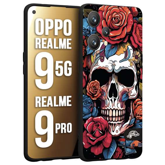 CUSTOMIZZA - Custodia cover nera morbida in tpu compatibile per Realme 9 5G - 9 PRO teschio skull flowers fiori rose rosse tattoo disegnato