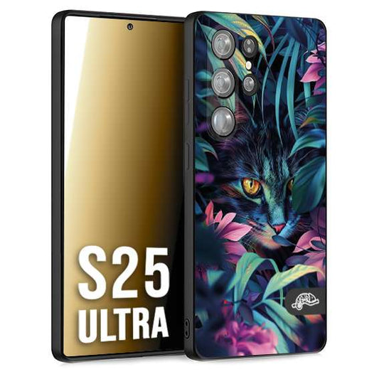 CUSTOMIZZA - Custodia cover nera morbida in tpu compatibile per Samsung S25 ULTRA animali color giungla tropicale occhio di gatto colori vibranti disegnato