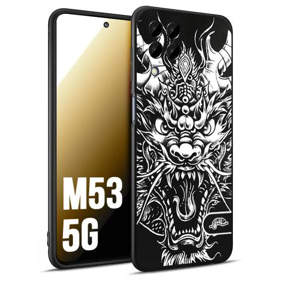 CUSTOMIZZA - Custodia cover nera morbida in tpu compatibile per Samsung M53 5G drago black and white bianco a rilievo disegnato tattoo tatuaggio
