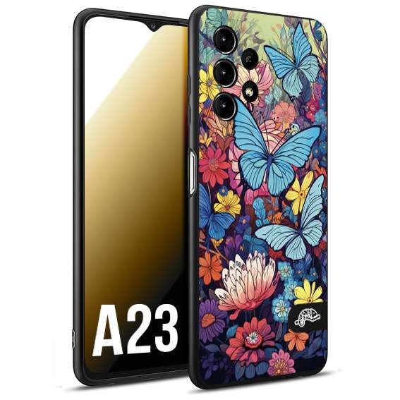 CUSTOMIZZA - Custodia cover nera morbida in tpu compatibile per Samsung A23 farfalle butterfly moderno donna disegnate gialla blu rosa