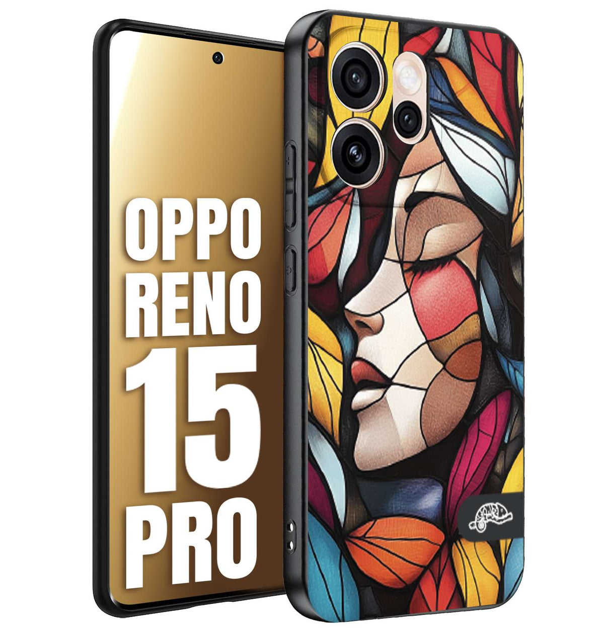 CUSTOMIZZA - Custodia cover nera morbida in tpu compatibile per Oppo Reno 15 PRO Vetrata artistica volto di donna profilo fogliare mosaico di vetro colorato