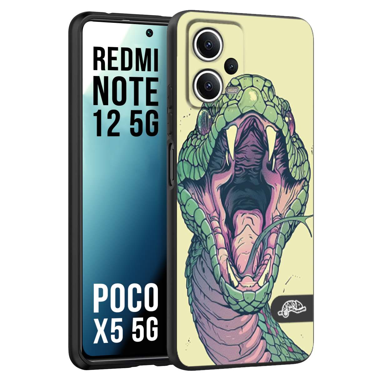 CUSTOMIZZA - Custodia cover nera morbida in tpu compatibile per Xiaomi Redmi Note 12 5G - POCO X5 5G snake yellow green serpente tatuaggio tattoo disegnato a mano