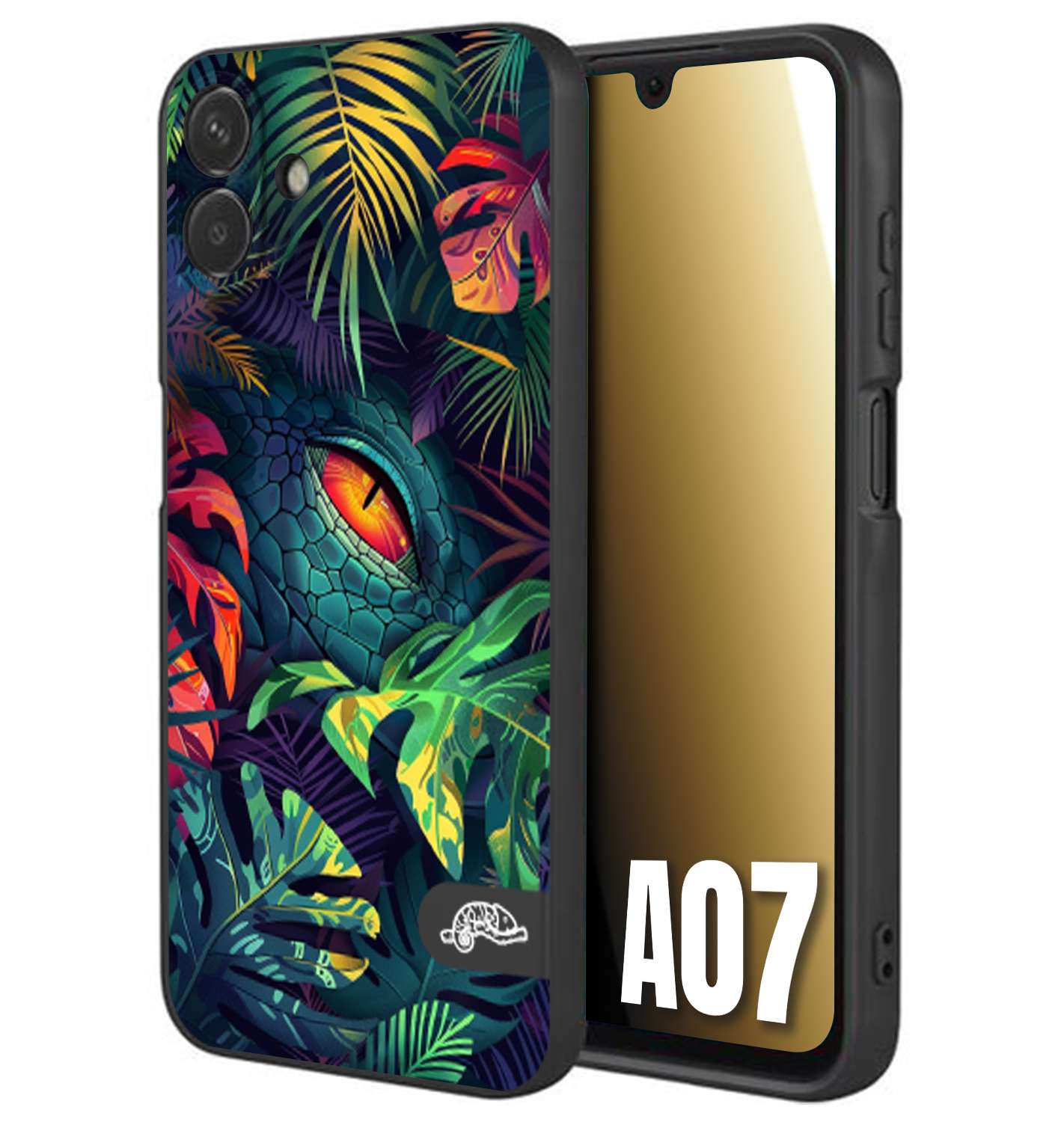 CUSTOMIZZA - Custodia cover nera morbida in tpu compatibile per Samsung A07 animali color giungla tropicale occhio di coccodrillo alligatore disegnato