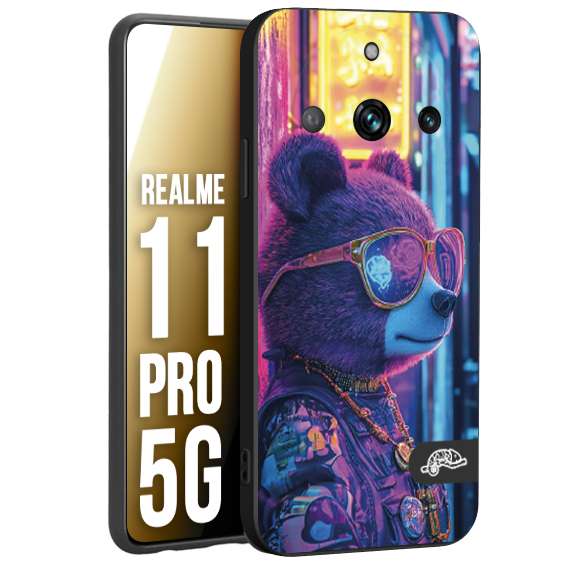 CUSTOMIZZA - Custodia cover nera morbida in tpu compatibile per Realme 11 PRO 5G animali cyberpunk orsetto orso street bear fucsia blu night