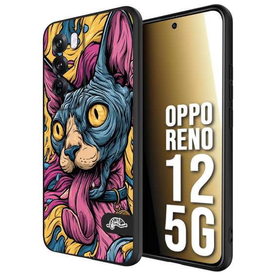 CUSTOMIZZA - Custodia cover nera morbida in tpu compatibile per Oppo Reno 12 5G Sphynx Colorato Pop Art Psichedelico Gatto Blu Rosa Giallo Artistica Fantasy