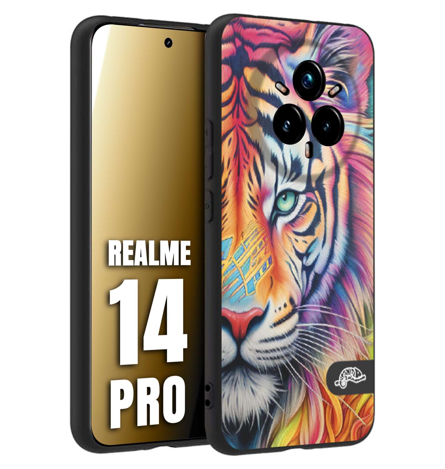 CUSTOMIZZA - Custodia cover nera morbida in tpu compatibile per Realme 14 PRO animali color tigre tiger viso colori vibranti disegnato schizzo