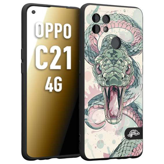 CUSTOMIZZA - Custodia cover nera morbida in tpu compatibile per Realme C21 4G snake pink green serpente tatuaggio tattoo disegnato a mano