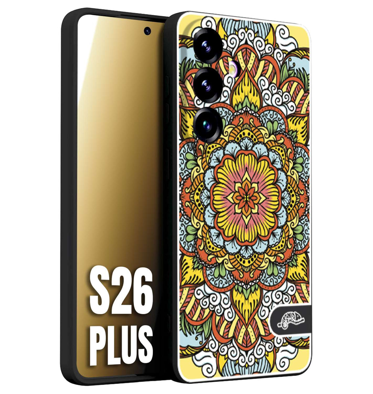 CUSTOMIZZA - Custodia cover nera morbida in tpu compatibile per Samsung S26 PLUS mandala colorato fiore nuvole arancione