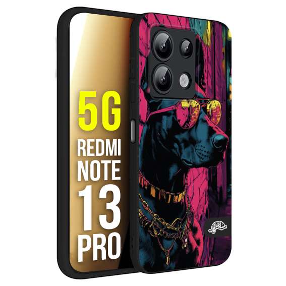 CUSTOMIZZA - Custodia cover nera morbida in tpu compatibile per Xiaomi Redmi Note 13 PRO 5G animali cyberpunk dobermann cane street dog fucsia blu