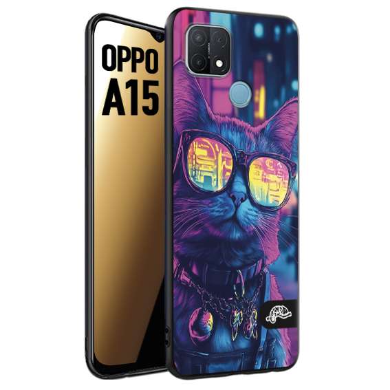 CUSTOMIZZA - Custodia cover nera morbida in tpu compatibile per Oppo A15 animali cyberpunk gatto street cat fucsia blu giallo
