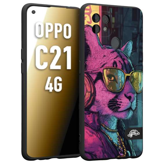 CUSTOMIZZA - Custodia cover nera morbida in tpu compatibile per Realme C21 4G animali cyberpunk pantera street cat fucsia blu giallo