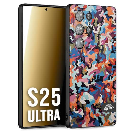 CUSTOMIZZA - Custodia cover nera morbida in tpu compatibile per Samsung S25 ULTRA camouflage mimetico militare moderno blu arancio rosa