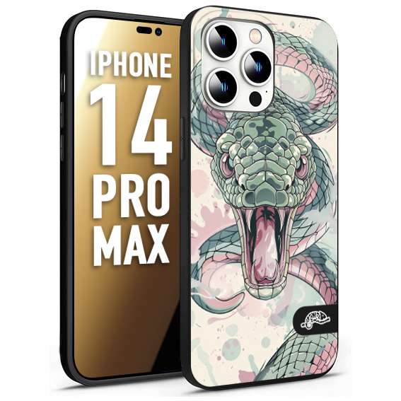 CUSTOMIZZA - Custodia cover nera morbida in tpu compatibile per iPhone 14 PRO MAX snake pink green serpente tatuaggio tattoo disegnato a mano