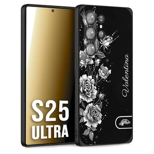 CUSTOMIZZA - Custodia cover nera morbida in tpu compatibile per Samsung S25 ULTRA personalizzata rilievo soft touch nome rose fiori donna