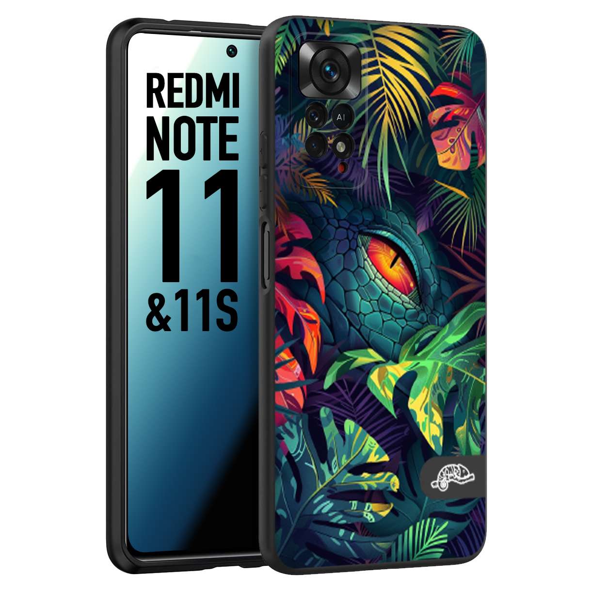 CUSTOMIZZA - Custodia cover nera morbida in tpu compatibile per Xiaomi Redmi Note 11 - Note 11S animali color giungla tropicale occhio di coccodrillo alligatore disegnato
