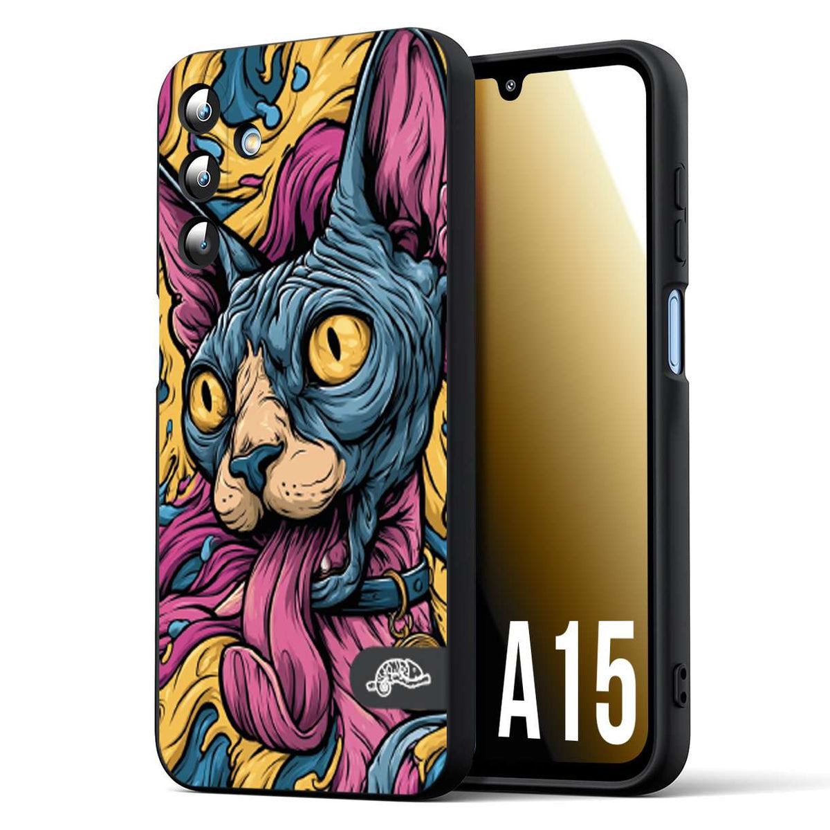 CUSTOMIZZA - Custodia cover nera morbida in tpu compatibile per Samsung A15 5G Sphynx Colorato Pop Art Psichedelico Gatto Blu Rosa Giallo Artistica Fantasy