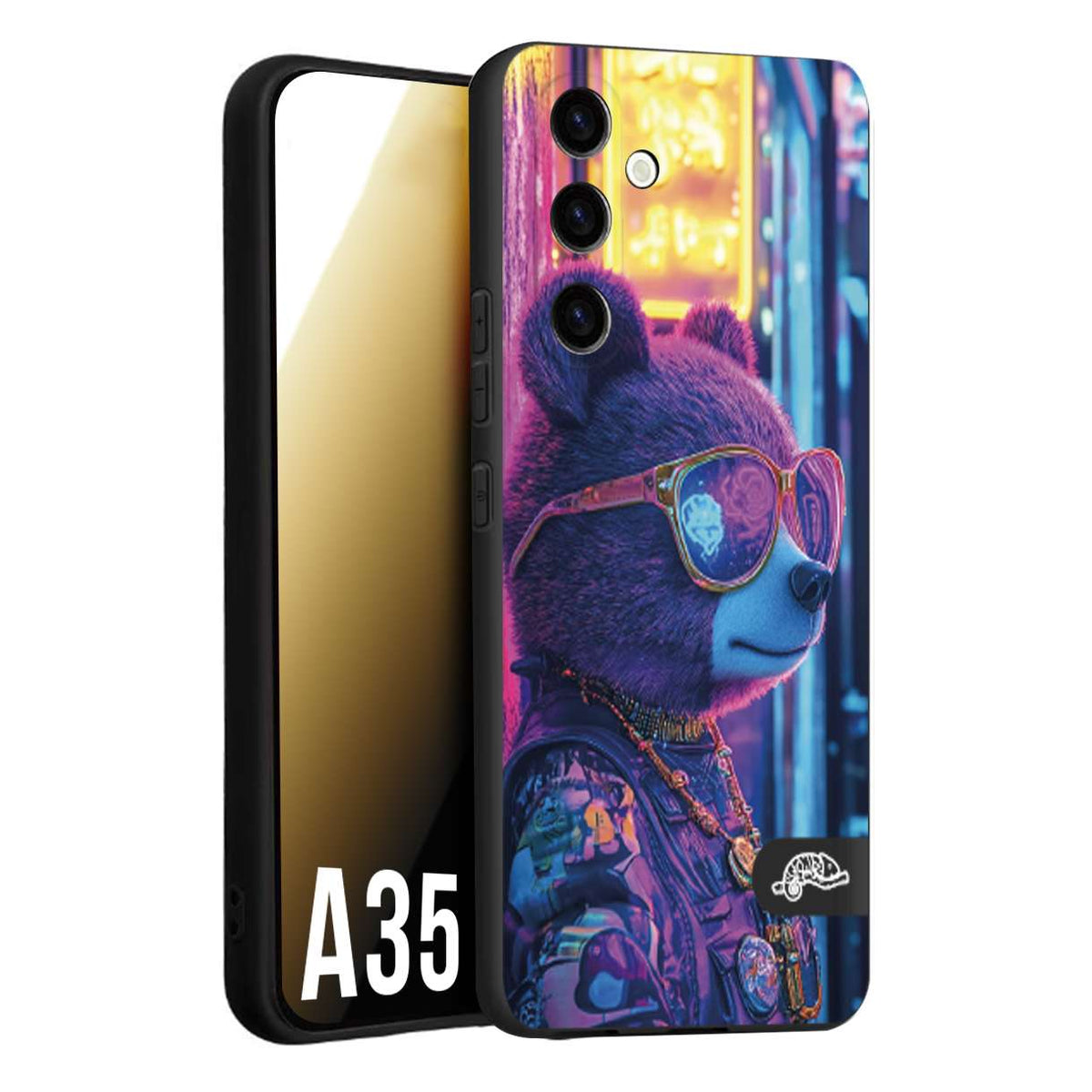 CUSTOMIZZA - Custodia cover nera morbida in tpu compatibile per Samsung A35 5G animali cyberpunk orsetto orso street bear fucsia blu night