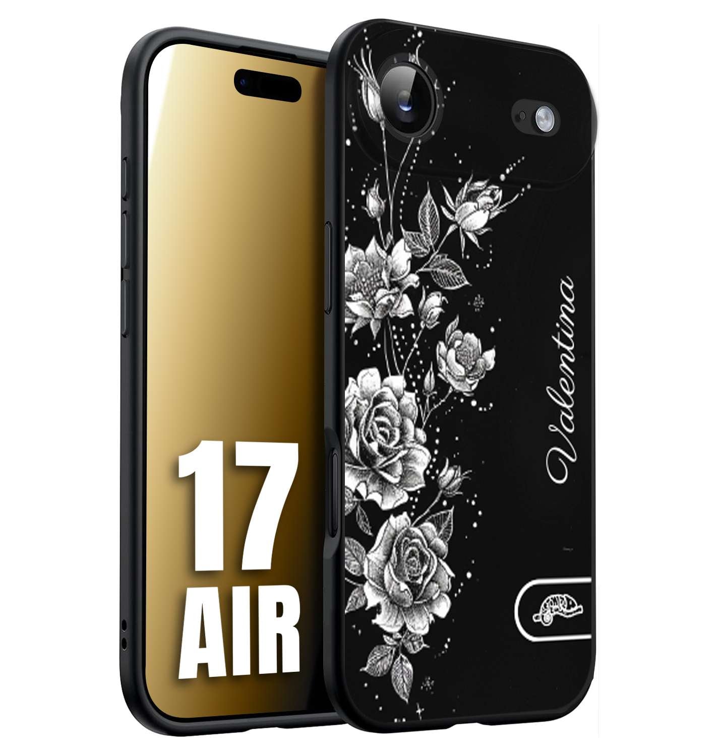 CUSTOMIZZA - Custodia cover nera morbida in tpu compatibile per iPhone 17 AIR personalizzata rilievo soft touch nome rose fiori donna