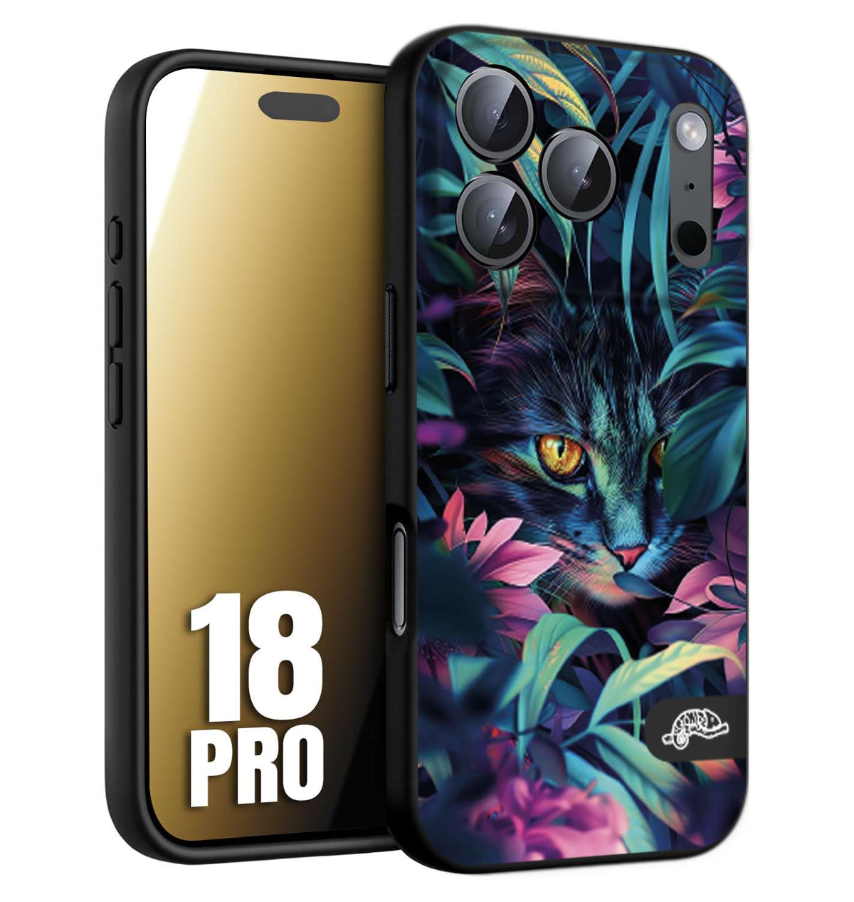 CUSTOMIZZA - Custodia cover nera morbida in tpu compatibile per iPhone 18 PRO animali color giungla tropicale occhio di gatto colori vibranti disegnato