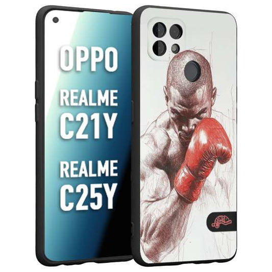 CUSTOMIZZA - Custodia cover nera morbida in tpu compatibile per Realme C21Y - C25Y pugilato pugili disegno tattoo guantoni box sport primo piano