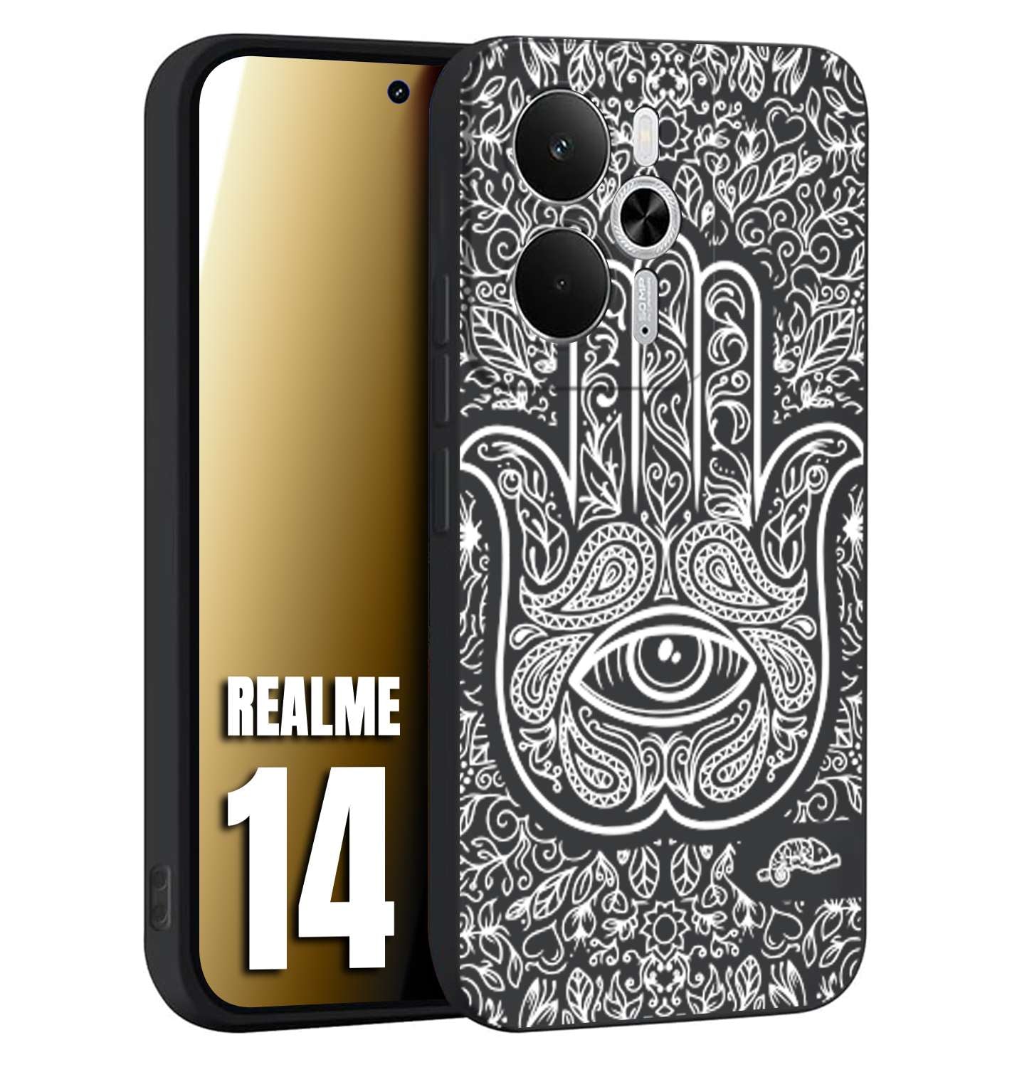 CUSTOMIZZA - Custodia cover nera morbida in tpu compatibile per Realme 14 5G mano di fatima effetto rilievo mandala donna