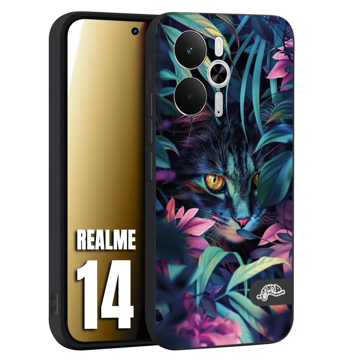 CUSTOMIZZA - Custodia cover nera morbida in tpu compatibile per Realme 14 5G animali color giungla tropicale occhio di gatto colori vibranti disegnato