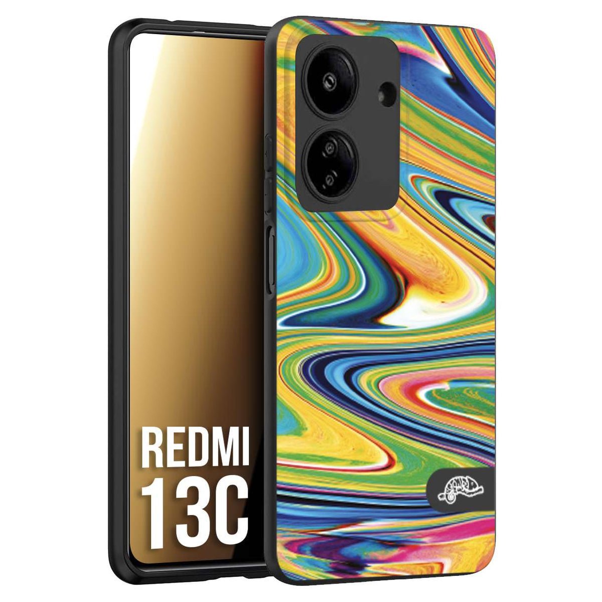 CUSTOMIZZA - Custodia cover nera morbida in tpu compatibile per Xiaomi Redmi 13C colorata fantasia vortice marmo arcobaleno gialla verde blu