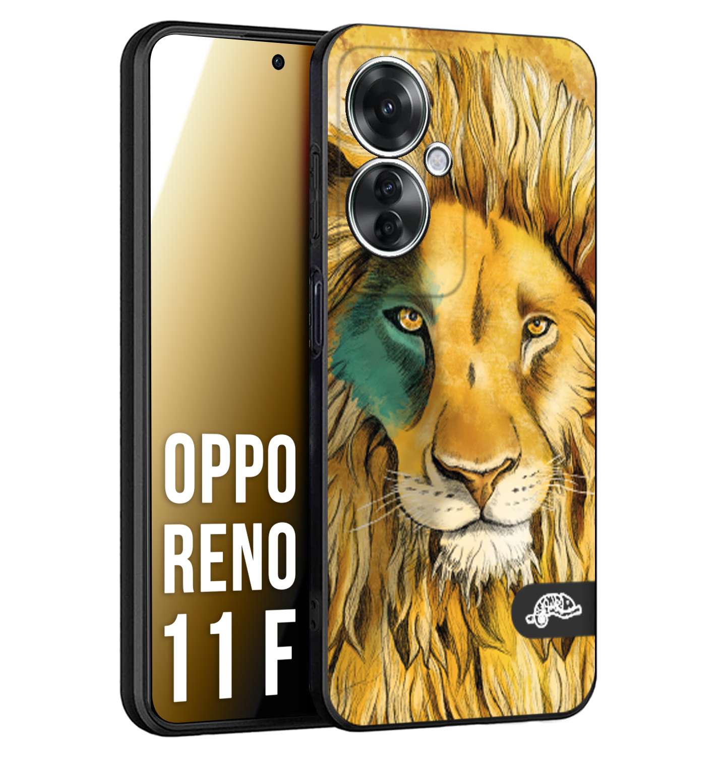 CUSTOMIZZA - Custodia cover nera morbida in tpu compatibile per Oppo Reno 11 F 5G leone lion disegnato a mano giallo blu a rilievo artistico brown