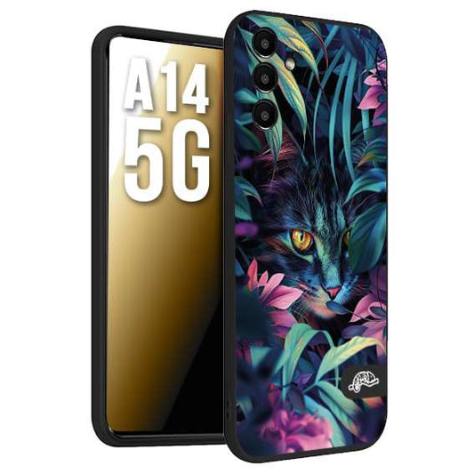 CUSTOMIZZA - Custodia cover nera morbida in tpu compatibile per Samsung A14 5G animali color giungla tropicale occhio di gatto colori vibranti disegnato