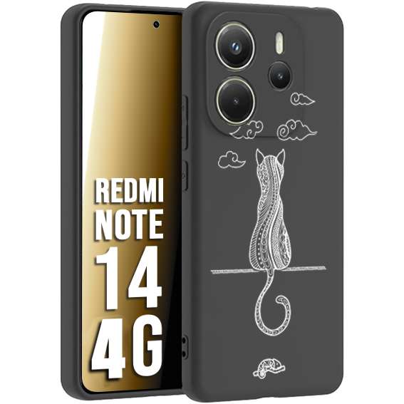 CUSTOMIZZA - Custodia cover nera morbida in tpu compatibile per Xiaomi Redmi Note 14 4G gatto mandala stilizzato gattino a rilievo soft touch donna bianca