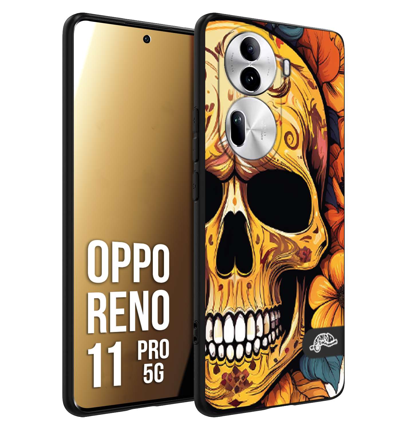 CUSTOMIZZA - Custodia cover nera morbida in tpu compatibile per Oppo Reno 11 PRO 5G teschio messicano colorato dorato fiori autunnali disegnato